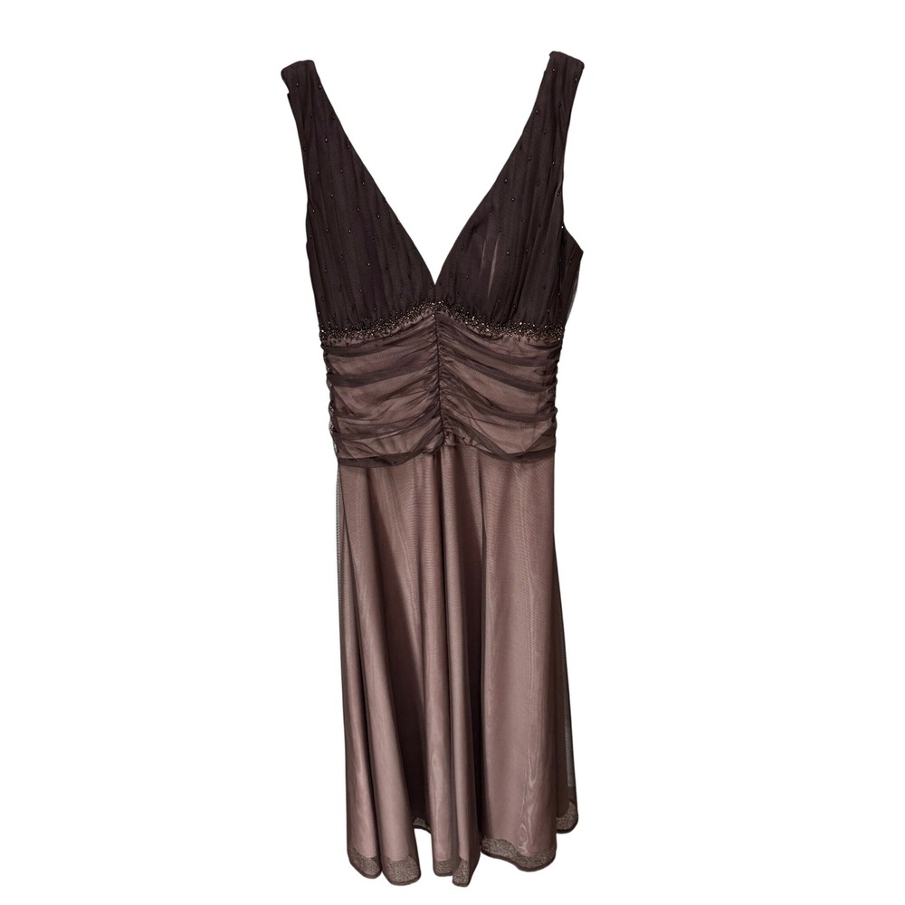 JS Boutique Dress Womens 4 Brown Beaded Mesh Ruched Midi Romantic VTG Whimsigoth